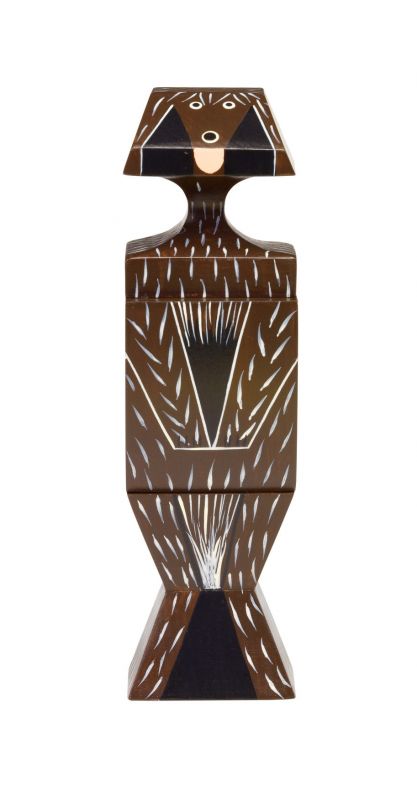 Wooden Dolls Katze Holzfigur von Vitra, braune Deko-Katze mit geometrischen Mustern und minimalistischem Design.